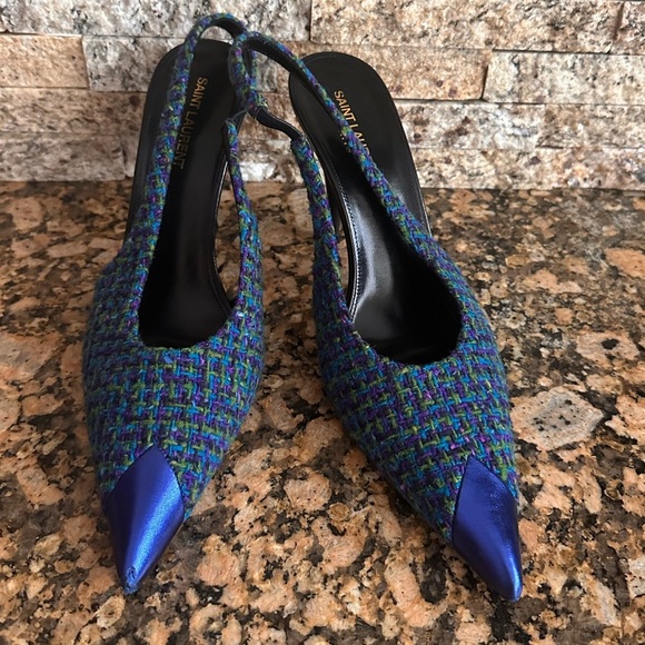 Saint Laurent Arian Vert Blue Violet Tweed Slingback - Picture 4 of 13
